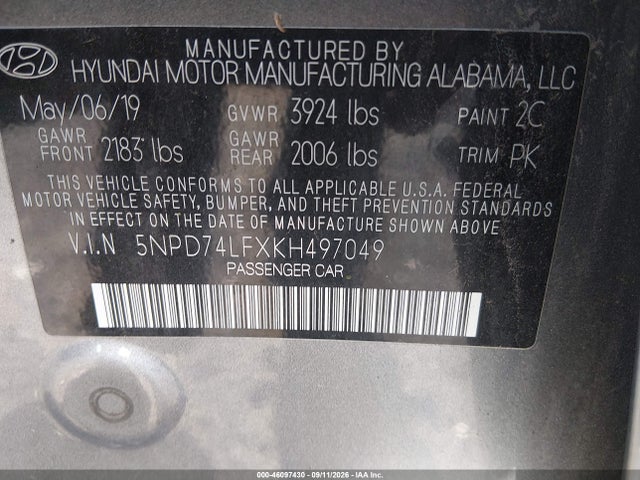 Продажа на аукционе авто 2019 Hyundai Elantra Se, vin: 5NPD74LFXKH497049, номер лота: 46097430