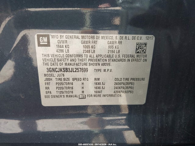 46097438 :رقم المزاد ، 3GNCJKSB3JL257699 vin ، 2018 Chevrolet Trax Ls مزاد بيع