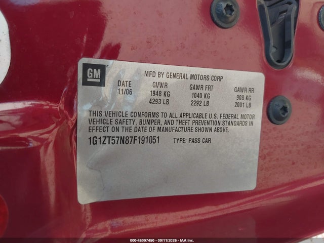 46097450 :رقم المزاد ، 1G1ZT57N87F191051 vin ، 2007 Chevrolet Malibu Lt مزاد بيع