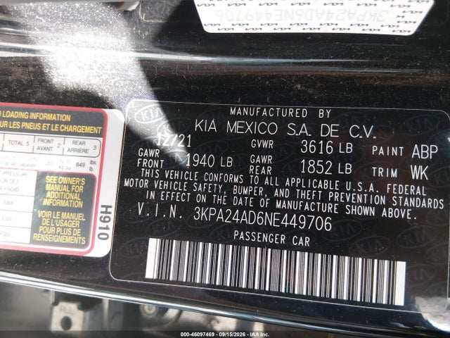 Aukcja sprzedaży 2022 Kia Rio S, vin: 3KPA24AD6NE449706, numer aukcji: 46097469