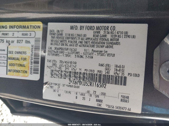 Продажа на аукционе авто 2018 Ford Fusion Hybrid Se, vin: 3FA6P0LU5JR116502, номер лота: 46097471