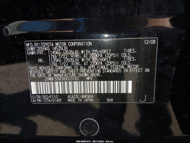 Aukcja sprzedaży 2009 Toyota Rav4, vin: JTMBF33V09D010193, numer aukcji: 46097475