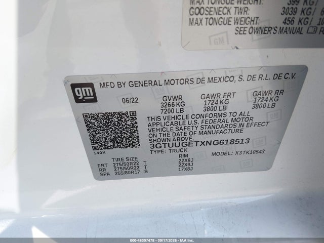 Продажа на аукционе авто 2022 Gmc Sierra 1500 4wd  Short Box Denali, vin: 3GTUUGETXNG618513, номер лота: 46097478