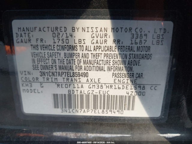 46097485 :رقم المزاد ، 3N1CN7AP7EL859490 vin ، 2014 Nissan Versa 1.6 Sl مزاد بيع
