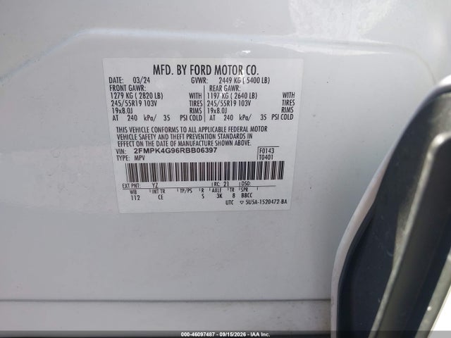 46097487 :رقم المزاد ، 2FMPK4G96RBB06397 vin ، 2024 Ford Edge Se مزاد بيع
