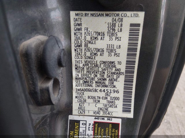 2008 Nissan Frontier Se მანქანა იყიდება აუქციონზე, vin: 1N6AD06U58C445196, აუქციონის ნომერი: 46097498