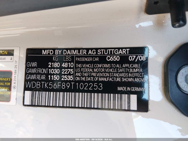 2009 Mercedes-benz Clk 350 მანქანა იყიდება აუქციონზე, vin: WDBTK56F89T102253, აუქციონის ნომერი: 46097508