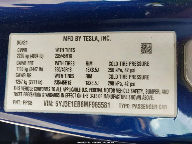 Aukcja sprzedaży 2021 Tesla Model 3 Long Range Dual Motor All-wheel Drive, vin: 5YJ3E1EB6MF965581, numer aukcji: 46097511