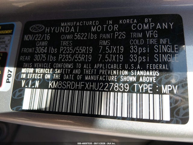 Продажа на аукционе авто 2017 Hyundai Santa Fe Limited Ultimate, vin: KM8SRDHFXHU227839, номер лота: 46097535