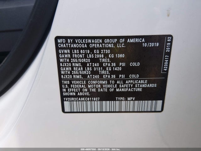 Продаж на аукціоні авто 2019 Volkswagen Atlas 3.6l V6 Se W/technology, vin: 1V2UR2CA9KC611927, номер лоту: 46097558