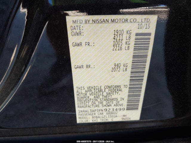 Продажа на аукционе авто 2015 Nissan Altima 2.5 S, vin: 1N4AL3AP3FN923499, номер лота: 46097570