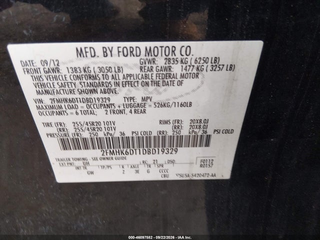 46097582 :رقم المزاد ، 2FMHK6DT1DBD19329 vin ، 2013 Ford Flex Limited مزاد بيع