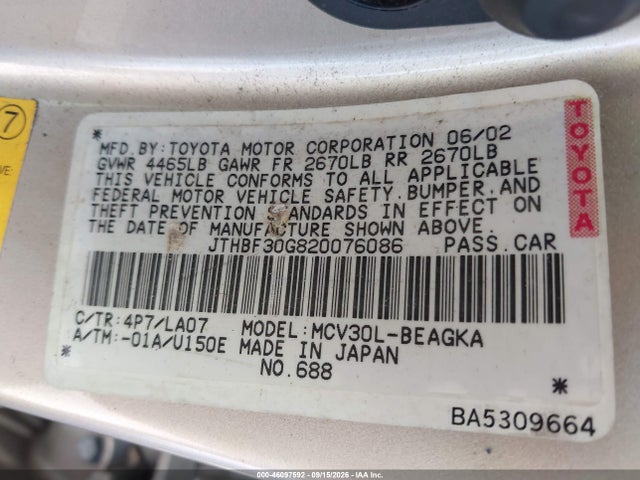 46097592 :رقم المزاد ، JTHBF30G820076086 vin ، 2002 Lexus Es 300 مزاد بيع