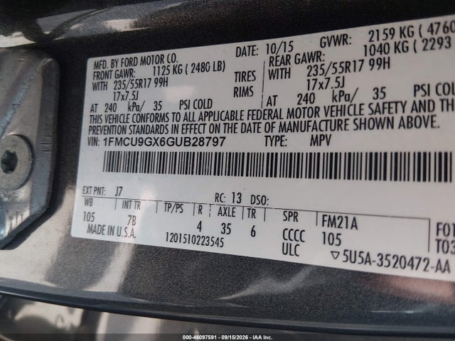 2016 Ford Escape Se მანქანა იყიდება აუქციონზე, vin: 1FMCU9GX6GUB28797, აუქციონის ნომერი: 46097591
