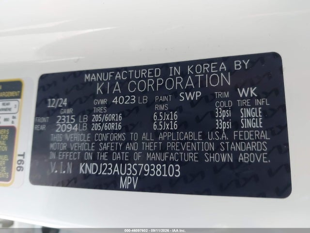 2025 Kia Soul Lx მანქანა იყიდება აუქციონზე, vin: KNDJ23AU3S7938103, აუქციონის ნომერი: 46097602