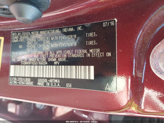 Aukcja sprzedaży 2016 Toyota Highlander Xle V6, vin: 5TDKKRFH2GS166094, numer aukcji: 46097612