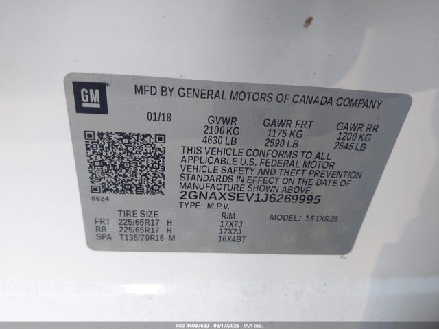 Aukcja sprzedaży 2018 Chevrolet Equinox Lt, vin: 2GNAXSEV1J6269995, numer aukcji: 46097633