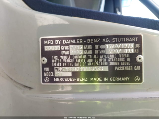 46097638 :رقم المزاد ، WDBDA24A3EA118458 vin ، 1984 Mercedes-benz 190 E 2.3 مزاد بيع