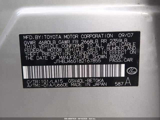 Продаж на аукціоні авто 2008 Lexus Es 350, vin: JTHBJ46G182167855, номер лоту: 46097639