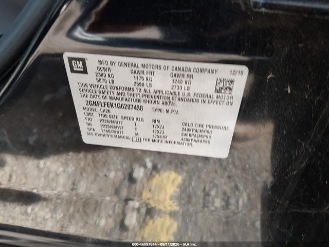 Aukcja sprzedaży 2016 Chevrolet Equinox Lt, vin: 2GNFLFEK1G6207438, numer aukcji: 46097644