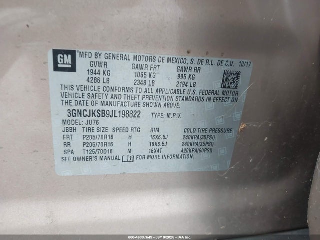 46097649 :رقم المزاد ، 3GNCJKSB9JL198822 vin ، 2018 Chevrolet Trax Ls مزاد بيع