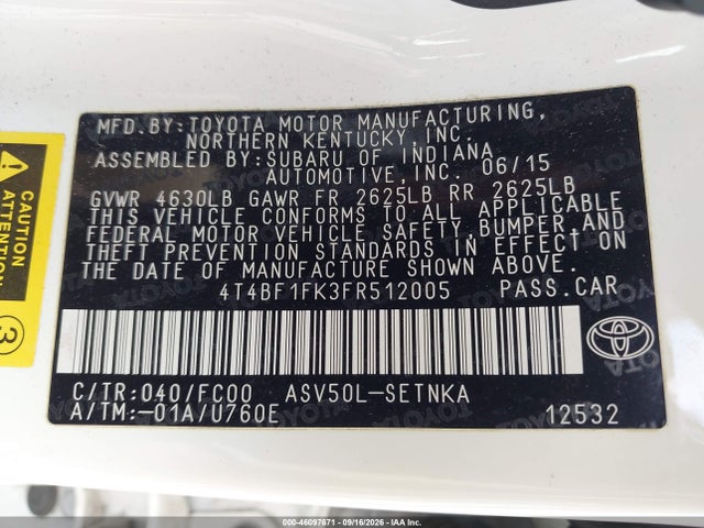 46097671 :رقم المزاد ، 4T4BF1FK3FR512005 vin ، 2015 Toyota Camry Le مزاد بيع