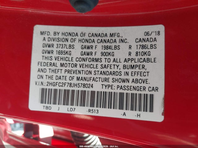 Aukcja sprzedaży 2018 Honda Civic Ex, vin: 2HGFC2F78JH578024, numer aukcji: 46097691