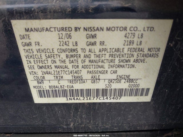 Aukcja sprzedaży 2007 Nissan Altima 2.5 S, vin: 1N4AL21E77C145407, numer aukcji: 46097703