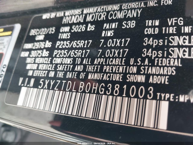 5XYZTDLB0HG381003 Hyundai Santa Fe Sport 2.4l