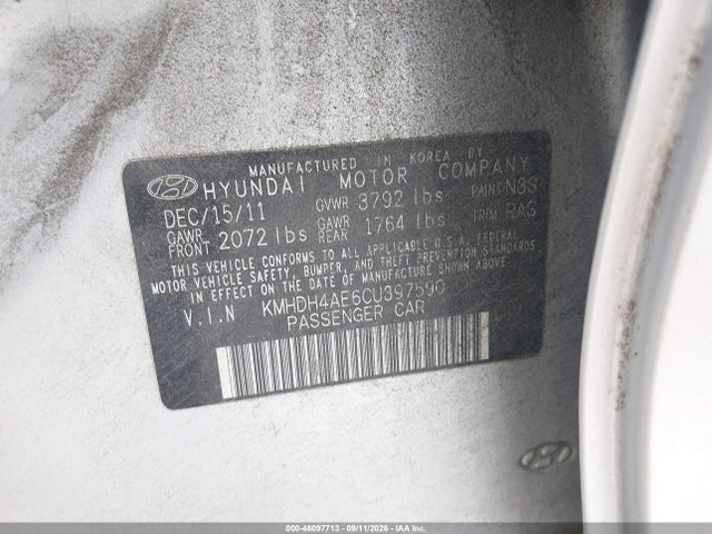 46097713 :رقم المزاد ، KMHDH4AE6CU397590 vin ، 2012 Hyundai Elantra Gls (ulsan Plant) مزاد بيع