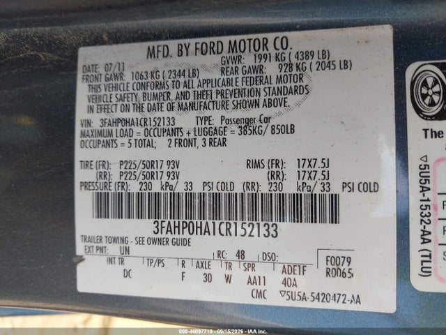 Aukcja sprzedaży 2012 Ford Fusion Se, vin: 3FAHP0HA1CR152133, numer aukcji: 46097719