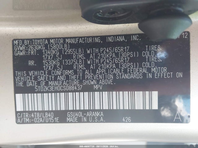 46097720 :رقم المزاد ، 5TDZK3EH0CS088437 vin ، 2012 Toyota Highlander Se V6 مزاد بيع