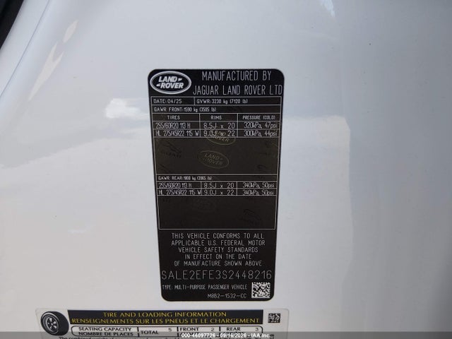 2025 Land Rover Defender 110 P500 X-dynamic Se მანქანა იყიდება აუქციონზე, vin: SALE2EFE3S2448216, აუქციონის ნომერი: 46097726