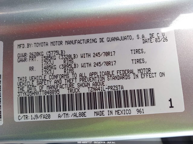2026 Toyota Tacoma Sr მანქანა იყიდება აუქციონზე, vin: 3TYKD5HNXTT048895, აუქციონის ნომერი: 46097727