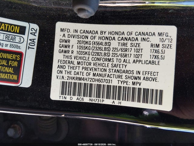46097739 :رقم المزاد ، 2HKRM4H72DH607031 vin ، 2013 Honda Cr-v Ex-l مزاد بيع