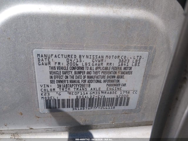 Aukcja sprzedaży 2015 Nissan Sentra Fe+ S/s/sl/sr/sv, vin: 3N1AB7AP7FY266118, numer aukcji: 46097742