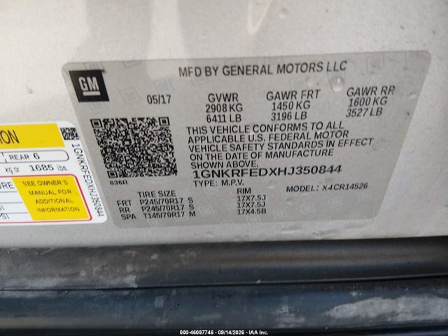 46097746 :رقم المزاد ، 1GNKRFEDXHJ350844 vin ، 2017 Chevrolet Traverse Ls مزاد بيع