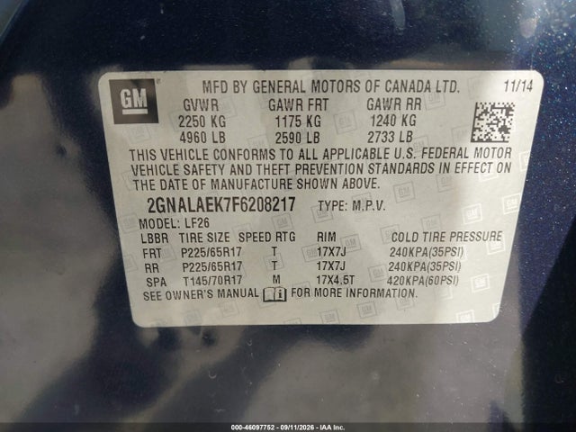Aukcja sprzedaży 2015 Chevrolet Equinox Ls, vin: 2GNALAEK7F6208217, numer aukcji: 46097752