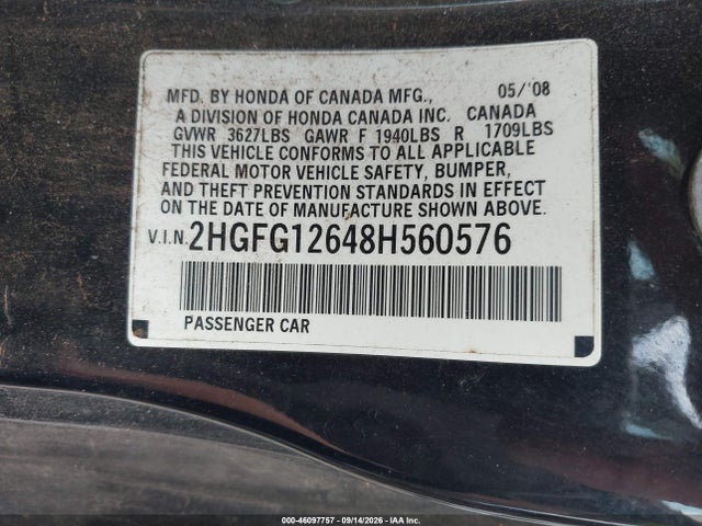 46097757 :رقم المزاد ، 2HGFG12648H560576 vin ، 2008 Honda Civic Lx مزاد بيع