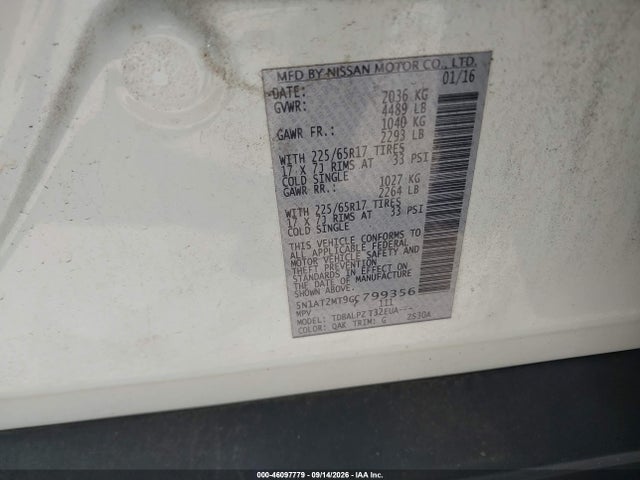 2016 Nissan Rogue S/sl/sv მანქანა იყიდება აუქციონზე, vin: 5N1AT2MT9GC799356, აუქციონის ნომერი: 46097779