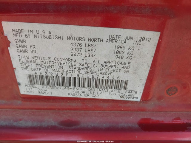 Aukcja sprzedaży 2012 Mitsubishi Galant Es/se, vin: 4A32B3FF9CE024446, numer aukcji: 46097786