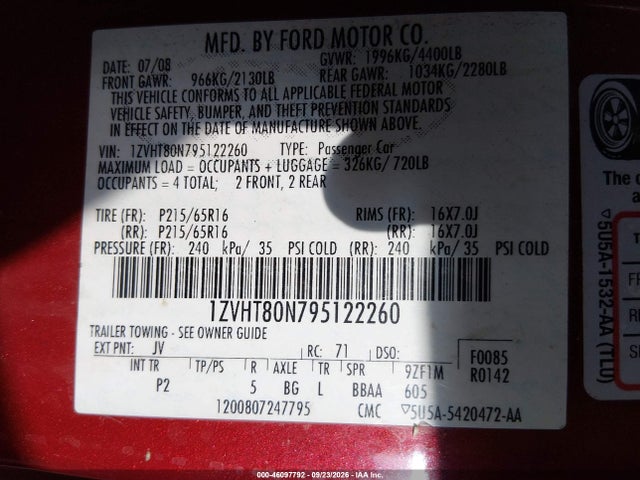 Aukcja sprzedaży 2009 Ford Mustang V6/v6 Premium, vin: 1ZVHT80N795122260, numer aukcji: 46097792