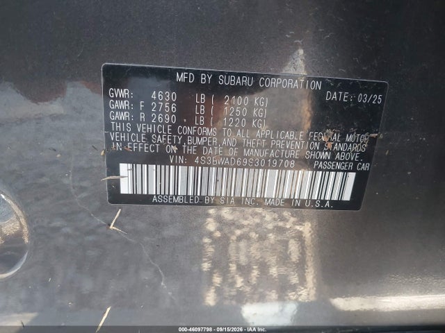 2025 Subaru Legacy Premium მანქანა იყიდება აუქციონზე, vin: 4S3BWAD69S3019708, აუქციონის ნომერი: 46097798