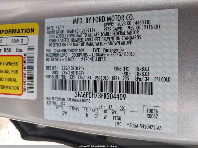 Aukcja sprzedaży 2015 Ford Fusion Se, vin: 3FA6P0H73FR204409, numer aukcji: 46097806