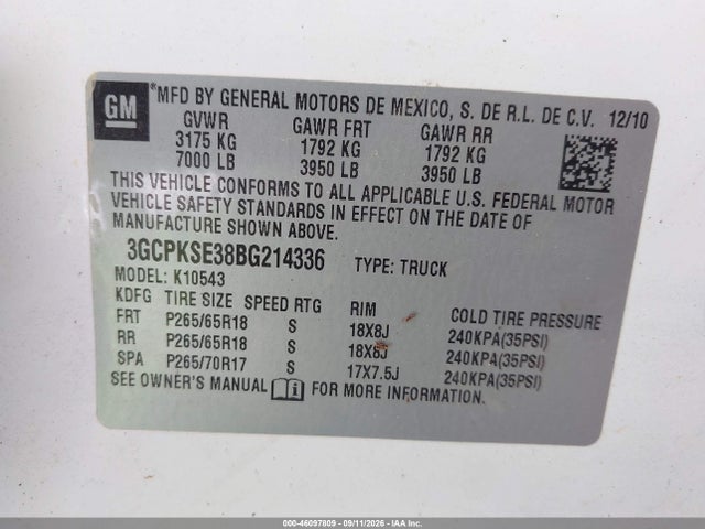 2011 Chevrolet Silverado 1500 Lt მანქანა იყიდება აუქციონზე, vin: 3GCPKSE38BG214336, აუქციონის ნომერი: 46097809