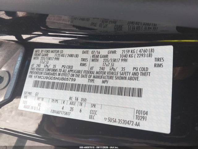 46097815 :رقم المزاد ، 1FMCU9GD5HUB05759 vin ، 2017 Ford Escape Se مزاد بيع