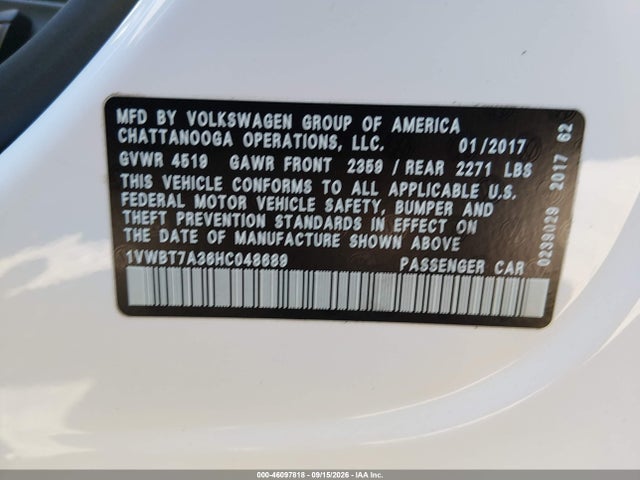 Aukcja sprzedaży 2017 Volkswagen Passat 1.8t Se, vin: 1VWBT7A36HC048689, numer aukcji: 46097818