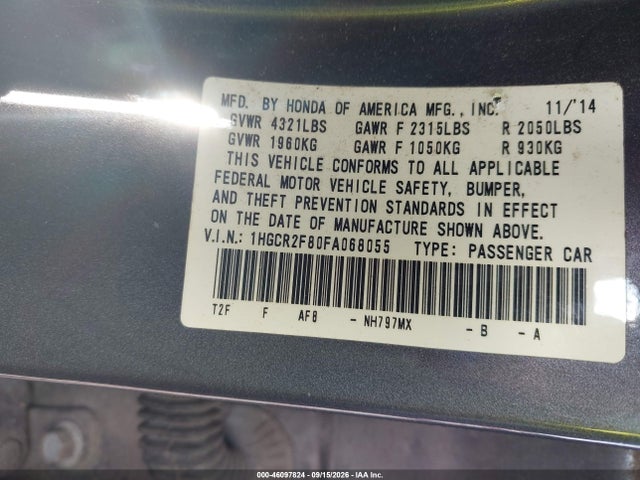 Aukcja sprzedaży 2015 Honda Accord Ex-l, vin: 1HGCR2F80FA068055, numer aukcji: 46097824