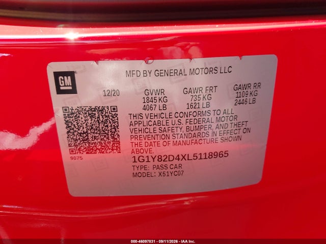 46097831 :رقم المزاد ، 1G1Y82D4XL5118965 vin ، 2020 Chevrolet Corvette Stingray Rwd  3lt مزاد بيع