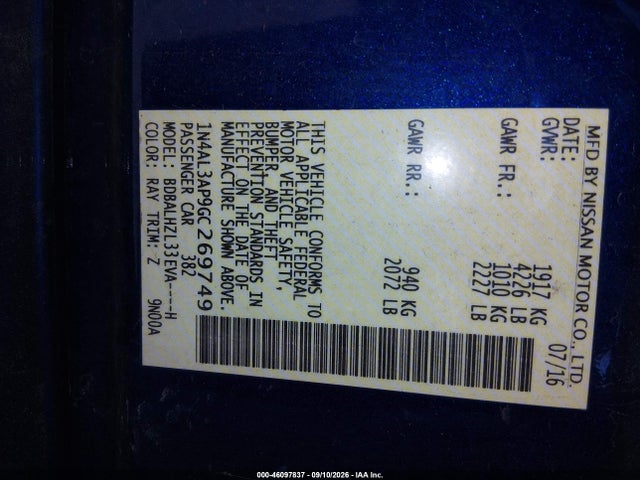 46097837 :رقم المزاد ، 1N4AL3AP9GC269749 vin ، 2016 Nissan Altima 2.5 Sr مزاد بيع